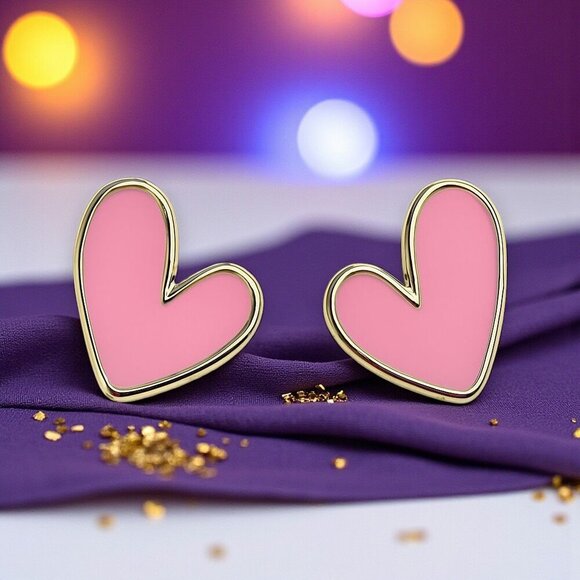 🆕Pink Enamel Heart Stud Earrings Gold Tone Hypoallergenic Gift for Girls & Teen - Picture 7 of 11